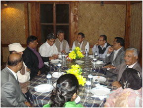 The MPs and the indigenous leaders including His Majesty Raja Devasish Roy are seen immersed in casual talks while in a dinner at Sabarang restaurant in Rangamati hill town;
